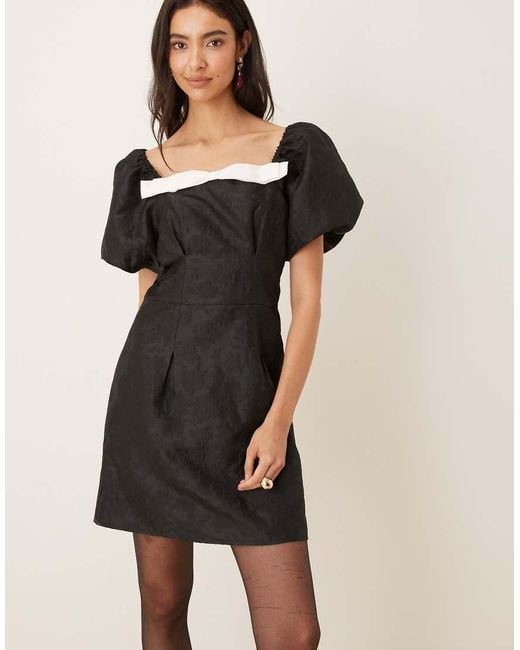 Sister Jane Natural Cocktail Puff Sleeve Contrast Bow Detail Mini Dress