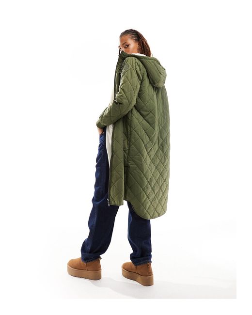 ONLY Green Quilted Longline Coat With Teddy Hood