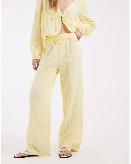 Pieces White Crinkle Cotton Wide Leg Trousers Co-ord