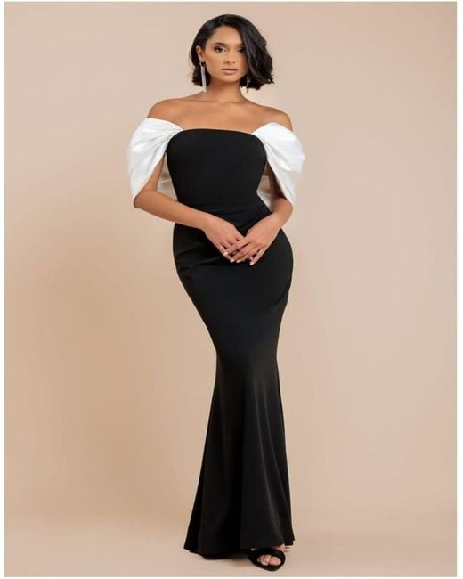 Goddiva Black Contrast Off Shoulder Back Satin Bow Maxi Dress