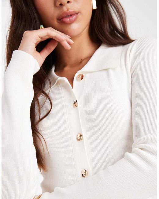 4th & Reckless White Ribbed Knit Gold Button Up Collared Maxi Dress