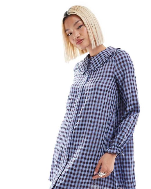 Daisy Street Blue Gingham Shift Smock Dress With Ruffle Collar