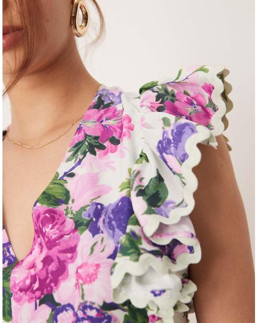 Hope & Ivy Purple Ruffle Sleeve Tie Back Cropped Top Co-Ord