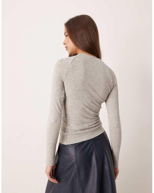 Gina Tricot Gray Long Sleeve Ruched Slim Fit Drapey Top