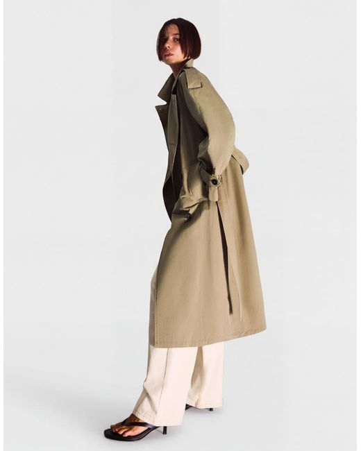 Bershka Natural Long Trench Coat With Belt