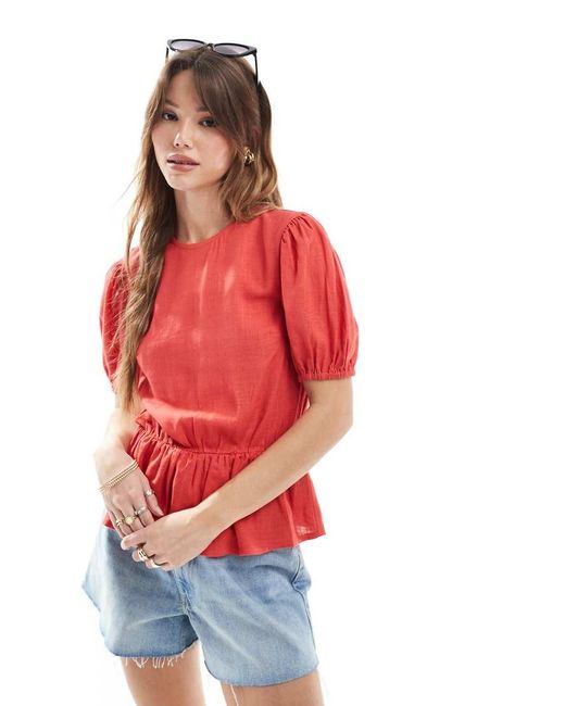 ASOS Top Van Linnenmix Met Peplum En Pofmouwen in het Red