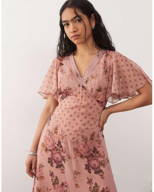 Reclaimed Vintage Pink Midi Tea Dress With Lace Trim And Flutter Sleeves