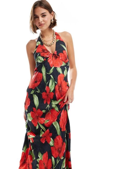 Mango Red Halterneck Flower Midi Dress