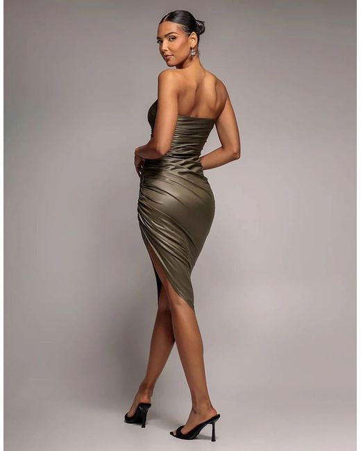 Goddiva Brown Bandeau Faux Leather Midi Dress
