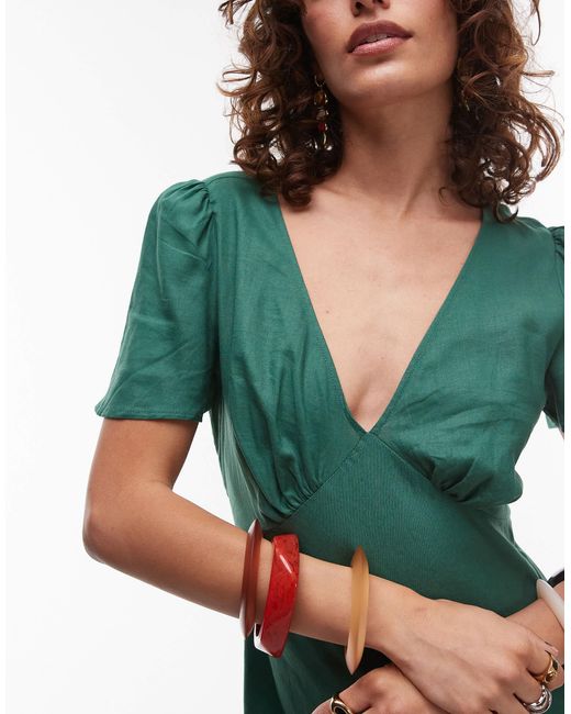 Mango Green Linen Mix Short Sleeve Midi Dress