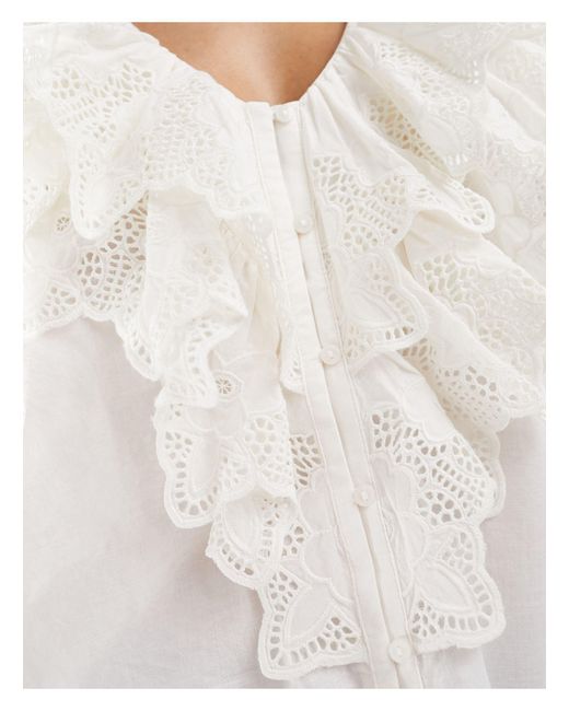 & Other Stories White Long Sleeve Relaxed Blouse With V Neck Double Ruffle Detail