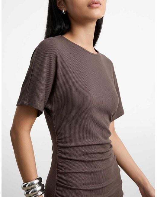 Noisy May Brown Cinch Waist T-shirt Mini Dress