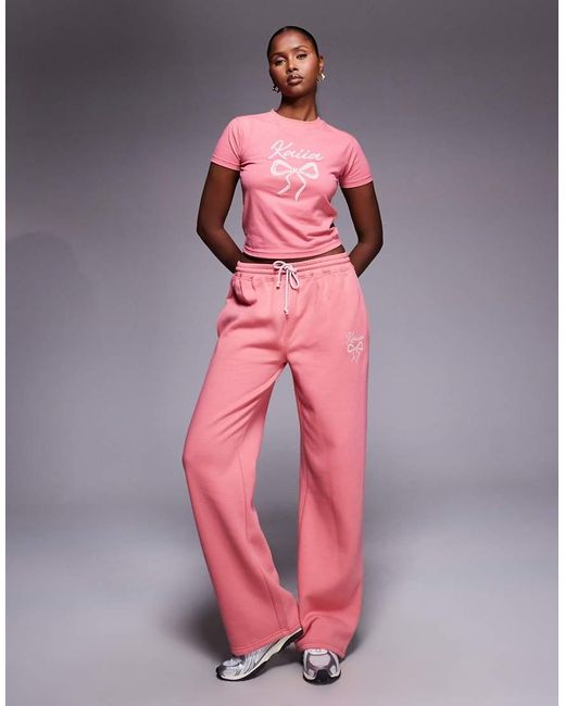 Kaiia Pink Embroidered Bow Logo Crew Neck Short Sleeve Crop Top