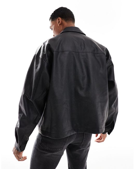 ASOS Black Faux Leather Oversized Shacket With Pockets for men