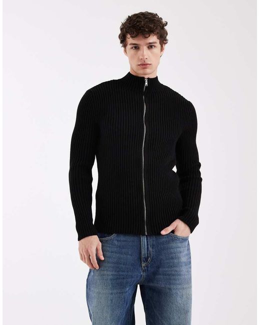 ASOS Black Knitted Ribbed Zip Through Cardigan for men