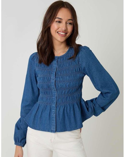 Threadbare Blue Denim Shirred Smock Blouse