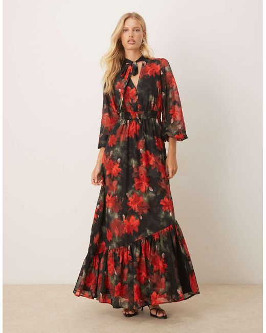 Lovedrobe Floral Tie Neck Long Sleeve Shirred Waist Maxi Dress