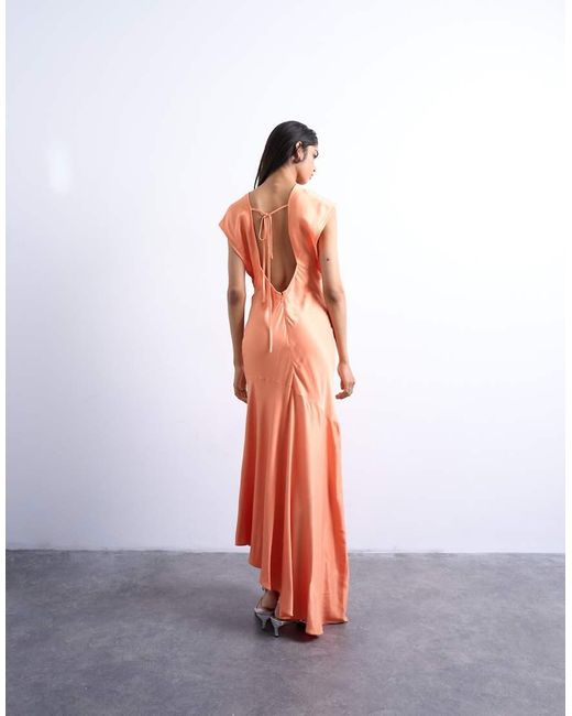 TOPSHOP Orange Deep V Tucked Side Satin Maxi Dress