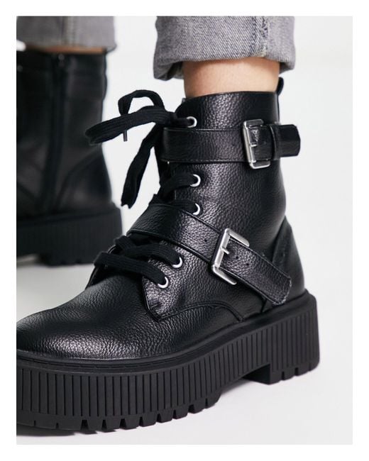 New look lace up chunky flat boot in black sale