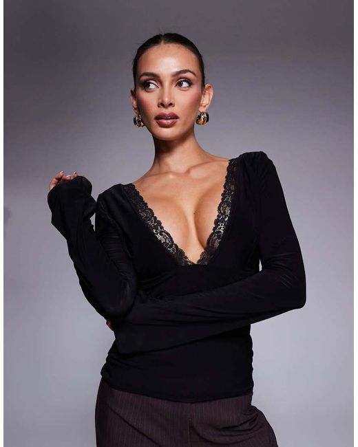 Fashionkilla Black Double Sculpted Slinky V-neck Lace Detail Top