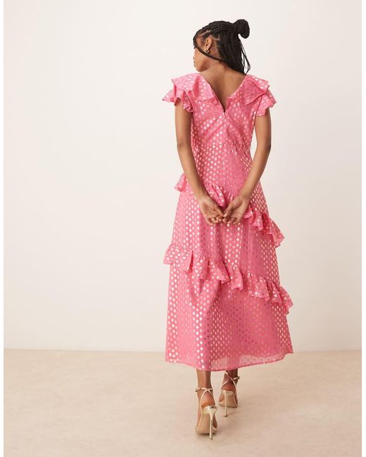 Lovedrobe Pink Flutter Sleeve V Neck Ruffle Midaxi Dress