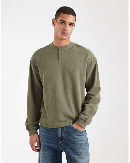 ASOS Oversized Recht T-Shirt Met Lange Mouwen, Wafelstructuur En Henley-Hals in het Green voor heren