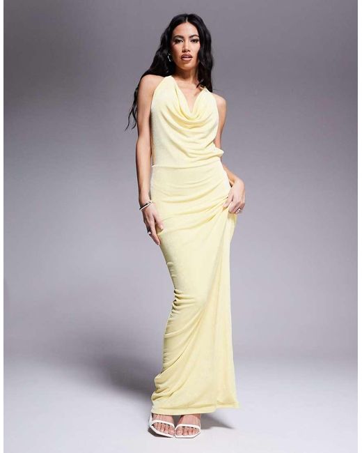 Aria Cove Yellow Double Layered Slinky Deep Cowl Neck Open Tie Back Maxi Dress