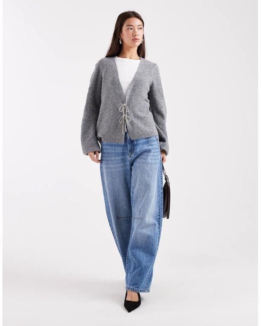 Pieces Gray Cardigan With Embellished Bow Ties