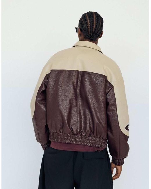 Bershka Red Colour Block Leather Effect Jacket for men