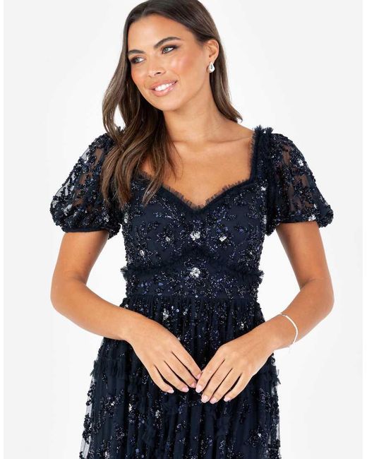 Maya Blue Floral Embellished Sweetheart Neck Maxi Dress