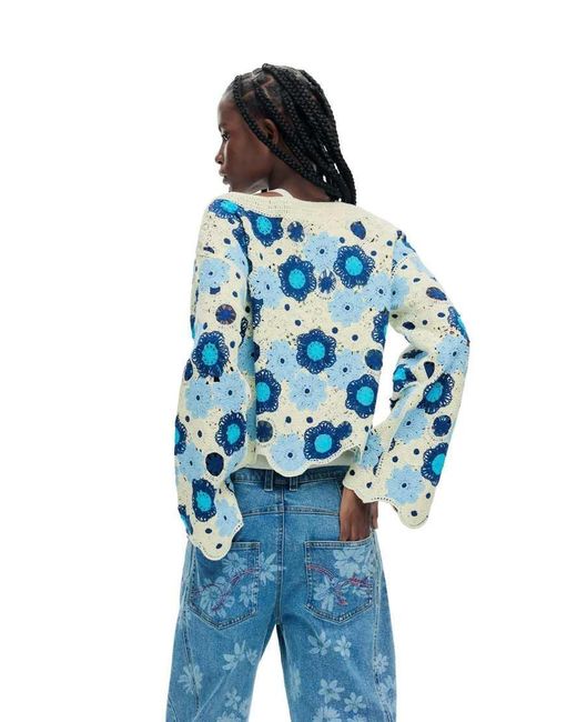 Desigual Blue Crochet Sweater With Flowers