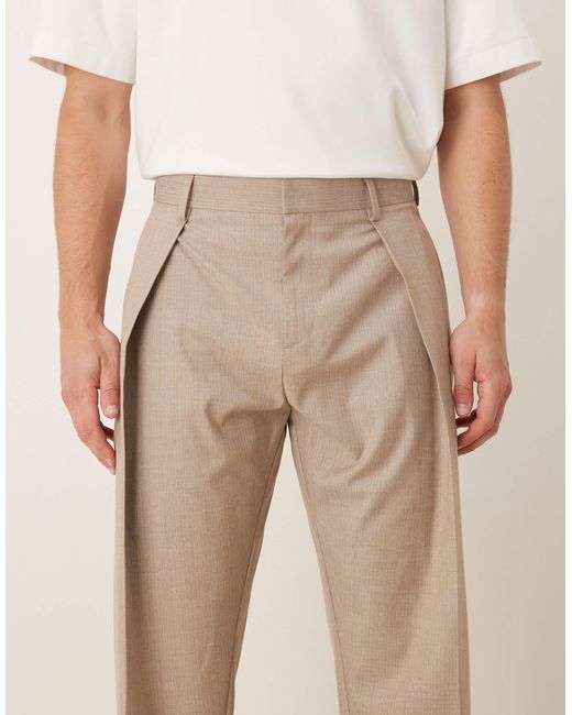 ASOS Natural Smart Wide Leg Trousers With Front Deep Pleat for men
