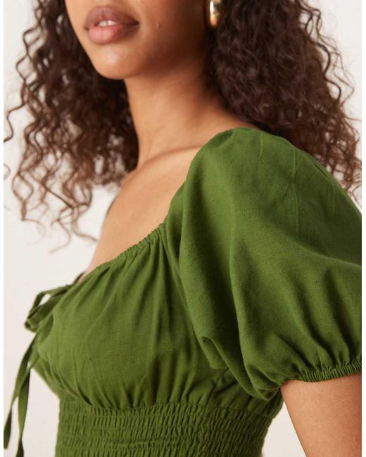esmé studios Green Esmee Exclusive Puff Sleeve Tie Front Maxi Beach Dress