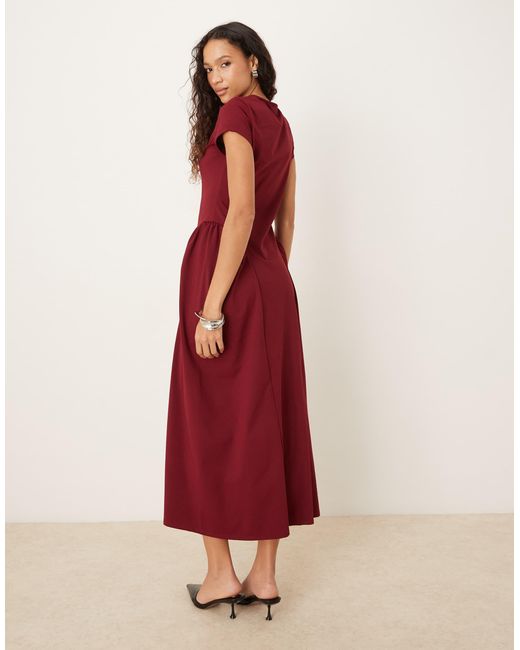 ASOS Red Slash Neck Cap Sleeve Curve Seam Detail Midi Dress