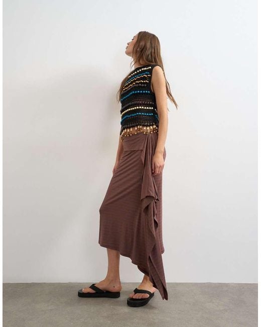 TOPSHOP Brown Stripe Draped Midi Skirt
