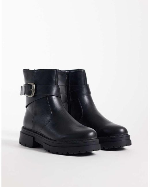 SEQWL Wide Fit Black Perth Chunky Buckle Detail Boots