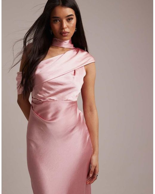 Six Stories Pink Bridesmaids Satin Drape One Shoulder Maxi Dress