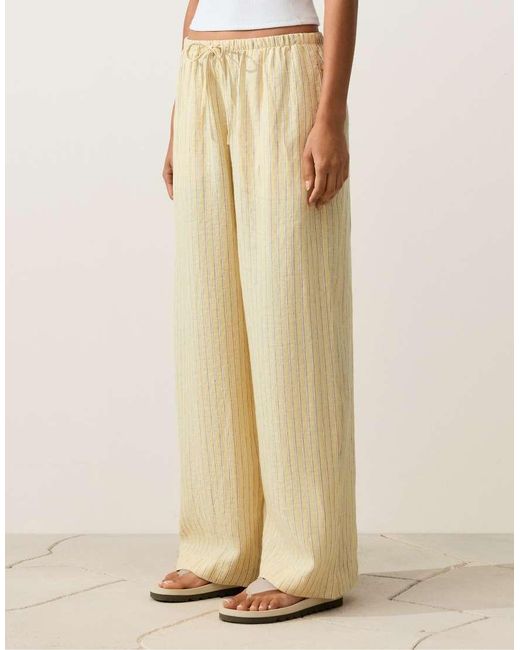 Oysho Natural 100% Linen Straight-Leg Trousers With Seam Detail
