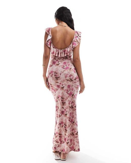 ASOS Nette Maxi Jurk Met Ruches, Keyhole-Detail En Fijne Bloemenprint in het Red