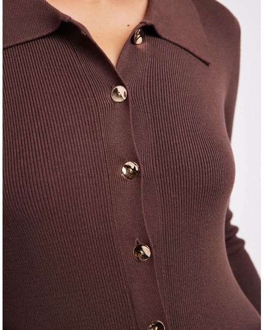 4th & Reckless Brown Rib Knit Gold-tone Button Up Collared Maxi Dress