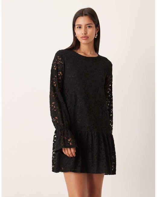Gina Tricot Black Long Flute Sleeve Mini Lace Dress
