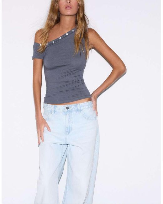 Stradivarius Blue Asymmetric Button T-shirt