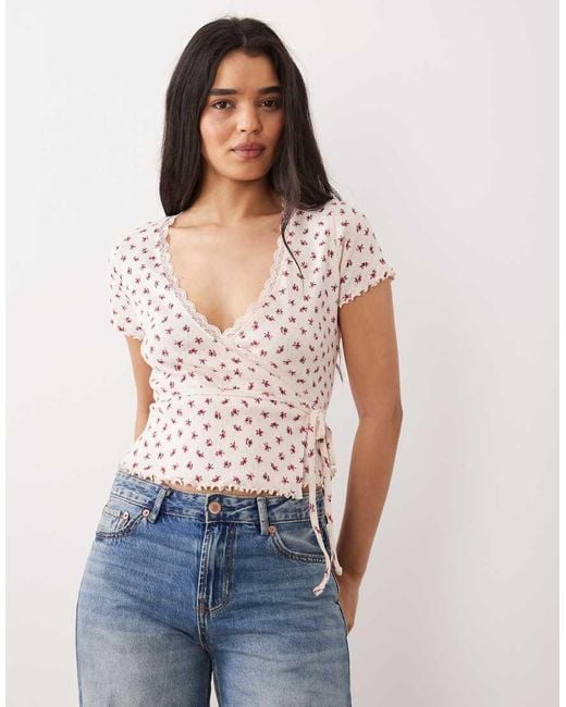 Miss Selfridge Blue Pointelle Lettuce Detail Wrap Top