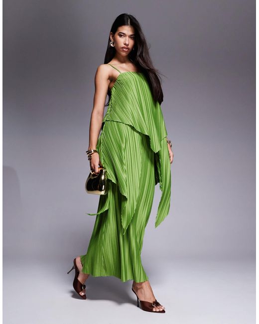 ASOS Green Premium Square Neck Plisse Double Layer Maxi Dress With Full Hem