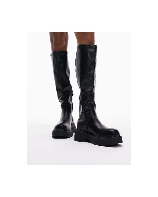 TOPSHOP Black Rolo Knee High Textured Sole Boot