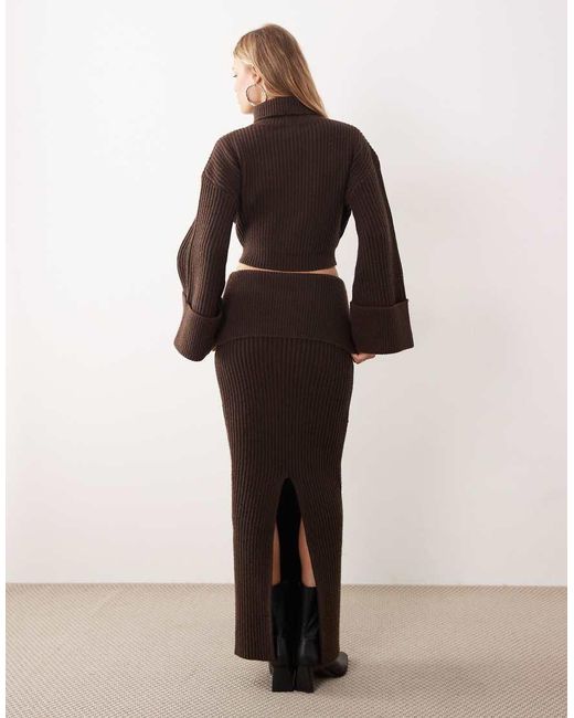 Wanderdoll Brown Mabel Wool Blend Knitted Fold Waist Maxi Skirt Co-ord