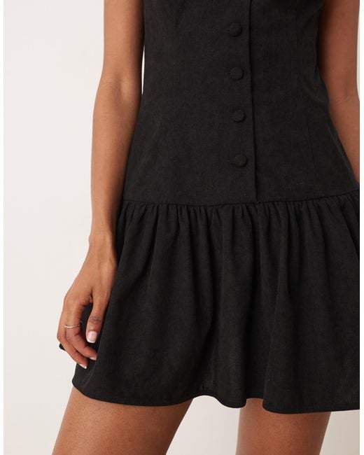 ASOS Black Cord Slash Neck Button Down Dropped Waist Mini Dress