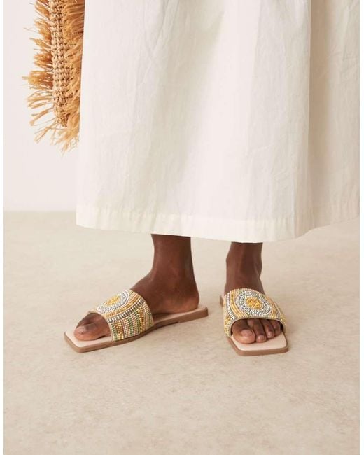 ASOS Natural Fig Square Toe Flat Mule Sandals With Beads