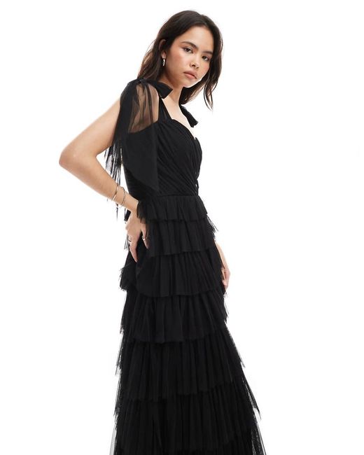 LACE & BEADS Black Tulle Tiered Bow Shoulder Detail Maxi Dress