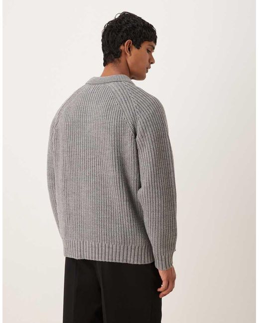 ASOS Gray Oversized Heavyweight Knitted Wool Blend Rib Polo Jumper for men